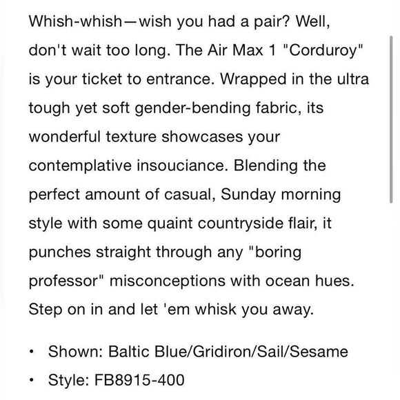 Nike Airmax 1 Premium Corduroy Baltic Blue/Gridiron/Sail/Sesame. Worn once. - Picture 7 of 16